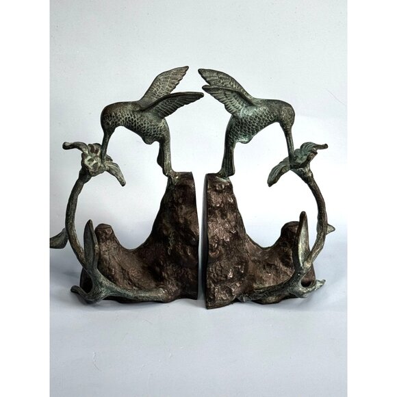 Bronze Hummingbird And Flower Bookends Verdigris Patina Pair 7 Inches - Picture 2 of 7
